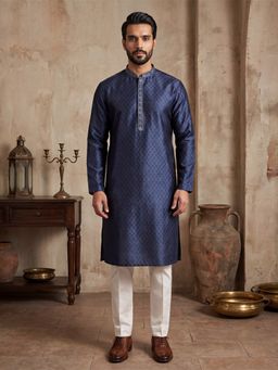 ETHNIC BAY - Men Blue Jacquard Full Sleeves Kurta with Pant