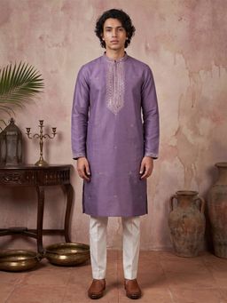ETHNIC BAY - Men Lavender Silk Blend Full Sleeves Kurta with Pant