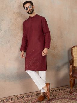 ETHNIC BAY - Men Maroon Silk Blend Full Sleeves Kurta with Pant