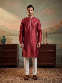 ETHNIC BAY - Men Maroon Jacquard Full Sleeves Kurta with Pant