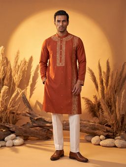 ETHNIC BAY - Men Orange Silk Blend Full Sleeves Kurta with Pant