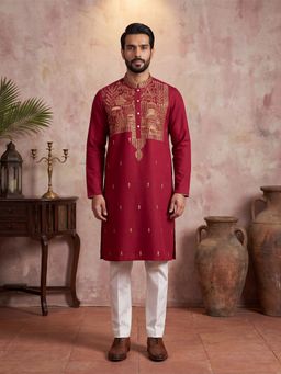 ETHNIC BAY - Men Red Silk Blend Full Sleeves Kurta with Pant