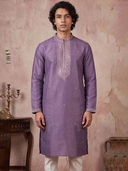 ETHNIC BAY - Men Lavender Silk Blend Full Sleeves Kurta