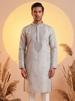 ETHNIC BAY - Men Grey Silk Blend Full Sleeves Kurta