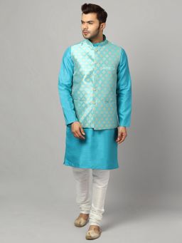 Uri and MacKenzie - Men Teal Silk Blend Full Sleeves Kurta with Pyjama and Nehru Jacket