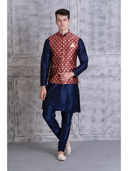 Uri and MacKenzie - Men Navy Blue Silk Blend Full Sleeves Kurta with Pyjama and Nehru Jacket
