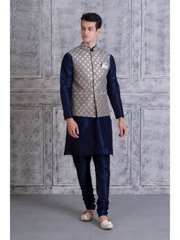 Uri and MacKenzie - Men Blue Silk Blend Full Sleeves Kurta with Pyjama and Nehru Jacket