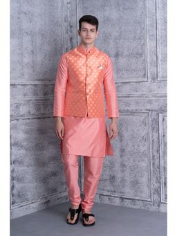 Uri and MacKenzie - Men Peach Silk Blend Full Sleeves Kurta with Pyjama and Nehru Jacket