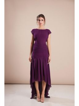 Torsha - Deep Purple High-Low Georgette Dress with Ruched Waist