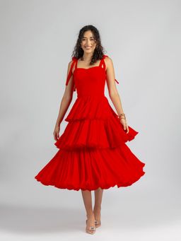 Torsha - Strappy Red Ruffle Corset Tiered Midi Dress