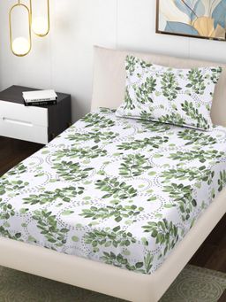 FABINALIV - Green Floral 300 Tc Cotton Blend Single Bedsheet with Pillow Cover