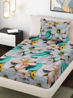 FABINALIV - Multi-Color Floral 300 Tc Cotton Blend Single Bedsheet with Pillow Cover