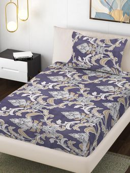 FABINALIV - Blue Floral 300 Tc Cotton Blend Single Bedsheet with Pillow Cover