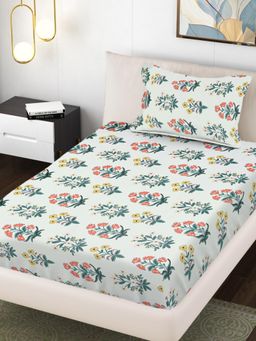 FABINALIV - Multi-Color Floral 300 Tc Cotton Blend Single Bedsheet with Pillow Cover
