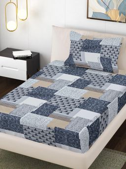 FABINALIV - Blue Geometric 300 Tc Cotton Blend Single Bedsheet with Pillow Cover