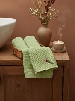 Design Gaatha - Soft Cotton Waffle Sage Green Embroidered Hand Towels (Pack of 2)