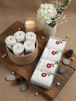 Design Gaatha - Soft Cotton Waffle White & Maroon Embroidered Face Towels (Pack of 4)