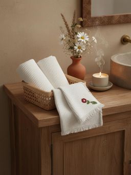 Design Gaatha - Soft Cotton Waffle White Embroidered Hand Towels (Pack of 2)