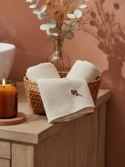 Design Gaatha - Soft Cotton Waffle Beige Embroidered Hand Towels (Pack of 2)