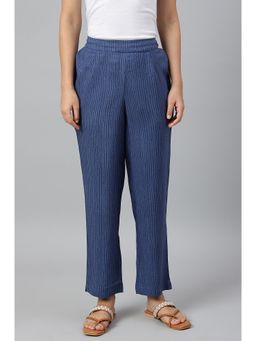 W - Navy Blue Stripe Print Women's Straight Pants