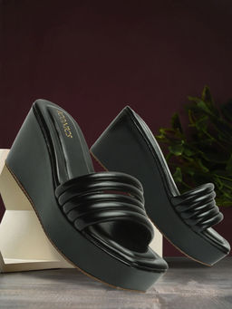 Iconics - Womens Black Color Slip On Textured Comfortable Wedges