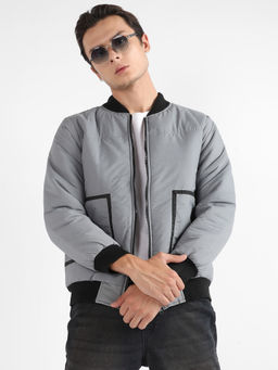 Campus Sutra - Men Light Grey Zip-Front Puffer Jacket with Contrast Detail