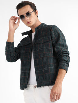 Campus Sutra - Men Forest Green Tartan Plaid Jacket with Flap Pockets