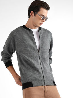 Campus Sutra - Men Dark Grey Zip-Front Sweater with Contrast Hem