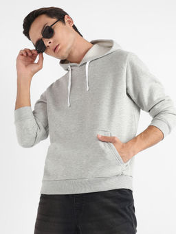 Campus Sutra - Men Light Grey Pullover Hoodie with Contrast Drawstring