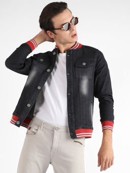 Campus Sutra - Men Black Dark-Wash Denim Jacket with Contrast Hem