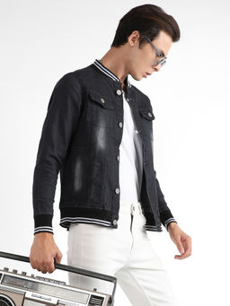 Campus Sutra - Men Black Button-Front Denim Jacket with Contrast Striped Hem