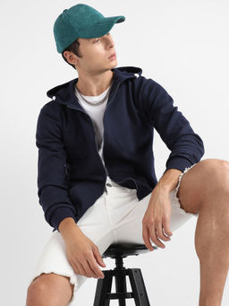 Campus Sutra - Men Dark Blue Zip-Front Hoodie Sweatshirt with Contrast Drawstring