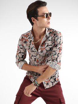 Campus Sutra - Men Beige & Brown Artistic Floral Cluster Shirt