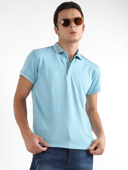 Campus Sutra - Men Sky Blue Self-Design Horizontal Striped Polo T-Shirt