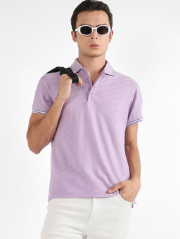 Campus Sutra - Men Lavender Self-Design Regimental Striped Polo T-Shirt