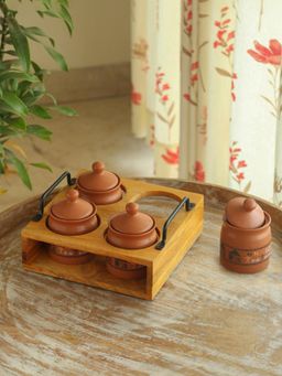 ExclusiveLane - Warli Village Tales Ceramic Pickle Jar with Wooden Holder (Set of 9)