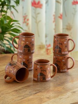 ExclusiveLane - Warli Village Tales Ceramic Tea & Coffee Mugs (Pack of 6)