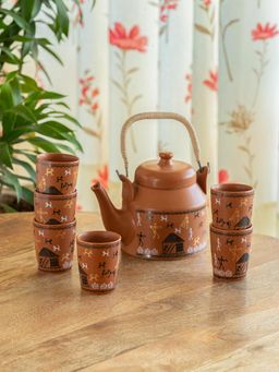 ExclusiveLane - Warli Village Tales Ceramic Tea Glasses & Kettle (Set of 7)