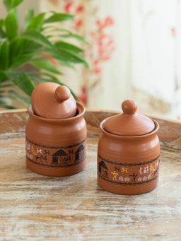 ExclusiveLane - Warli Village Tales' Ceramic Pickle & Chutney Jar (Set of 2)