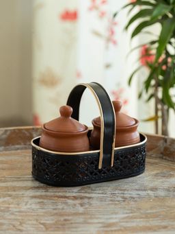 ExclusiveLane - Warli Village Tales' Ceramic Pickle & Chutney Jar with Metal Tray (Set of 3)