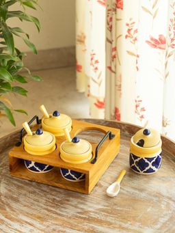 ExclusiveLane - Moroccan Ceramic Chutney Jar with Spoons & Wooden Holder (Set of 6)