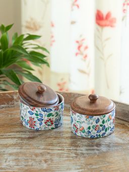 ExclusiveLane - Floral Fusion Ceramic Jars Containers with Wooden Lid (Set of 2)
