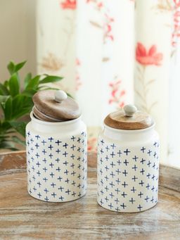 ExclusiveLane - StarMark Ceramic Jars Containers with Wooden Lid (Set of 2)