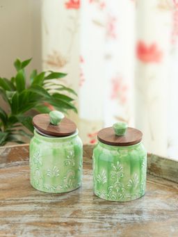 ExclusiveLane - Green Keepers Ceramic Jars Containers with Wooden Lid (Set of 2)