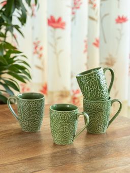 ExclusiveLane - Hand-Embossed Green Flora Ceramic Tea & Coffee Mugs (Pack of 4)