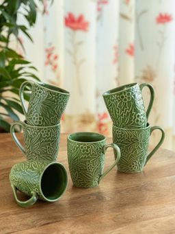 ExclusiveLane - Hand-Embossed Green Flora Ceramic Tea & Coffee Mugs (Pack of 6)