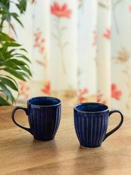 ExclusiveLane - Hand-Embossed Midnight Ribbed Ceramic Tea & Coffee Mugs (Pack of 2)