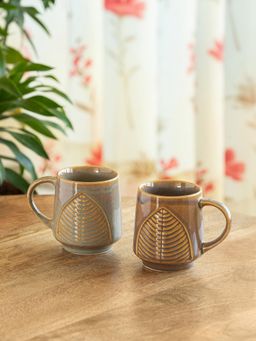 ExclusiveLane - Hand-Embossed Leaf & Lines Ceramic Tea & Coffee Mugs (Pack of 2)