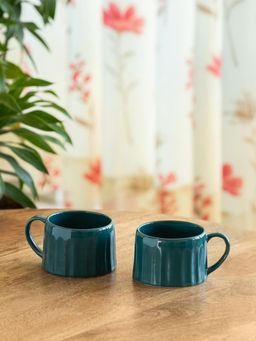 ExclusiveLane - Hand-Embossed Aqua Ceramic Tea & Coffee Mugs (Pack of 2)