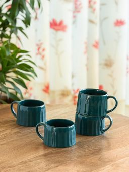 ExclusiveLane - Hand-Embossed Aqua Ceramic Tea & Coffee Mugs (Pack of 4)